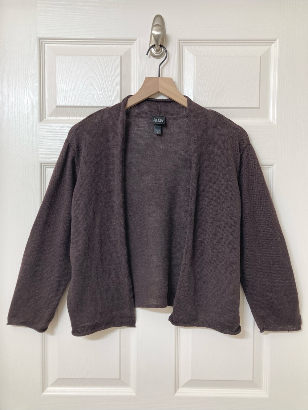 Eileen Fisher Women’s Brown Linen Open Knit Cropped Cardigan Sweater XL Bohemian